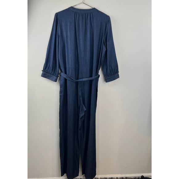 DRAPER JAMES Tie Waist Jumpsuit in Chambray Dark Wash Blue Wide Leg 3/4 Sleeve L - Picture 6 of 9
